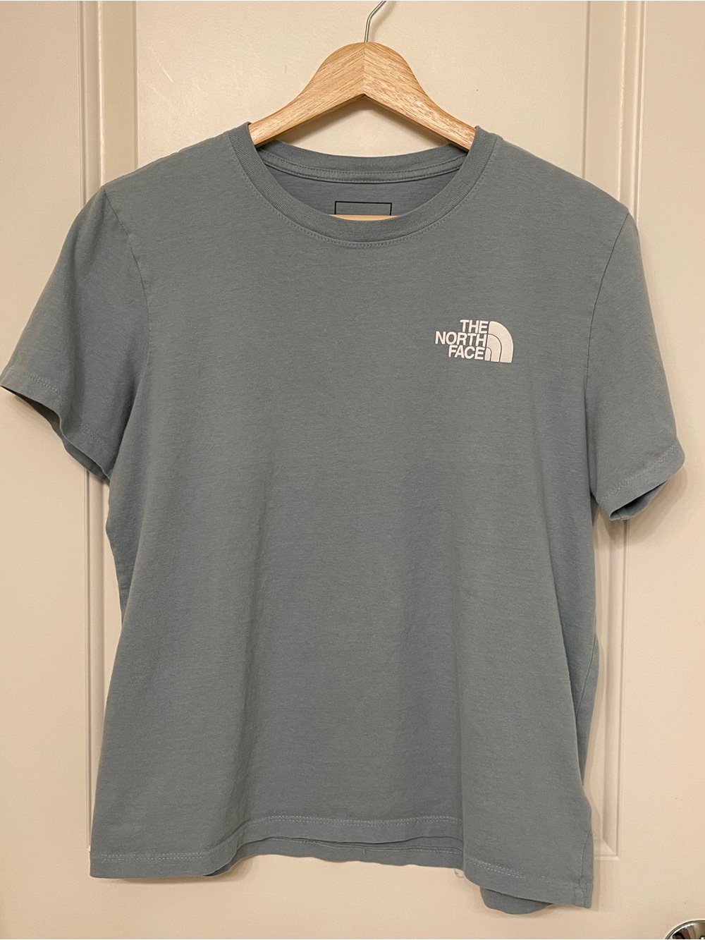 The North Face Women's Short Sleeve Tee in Dusty Blue with White Logo